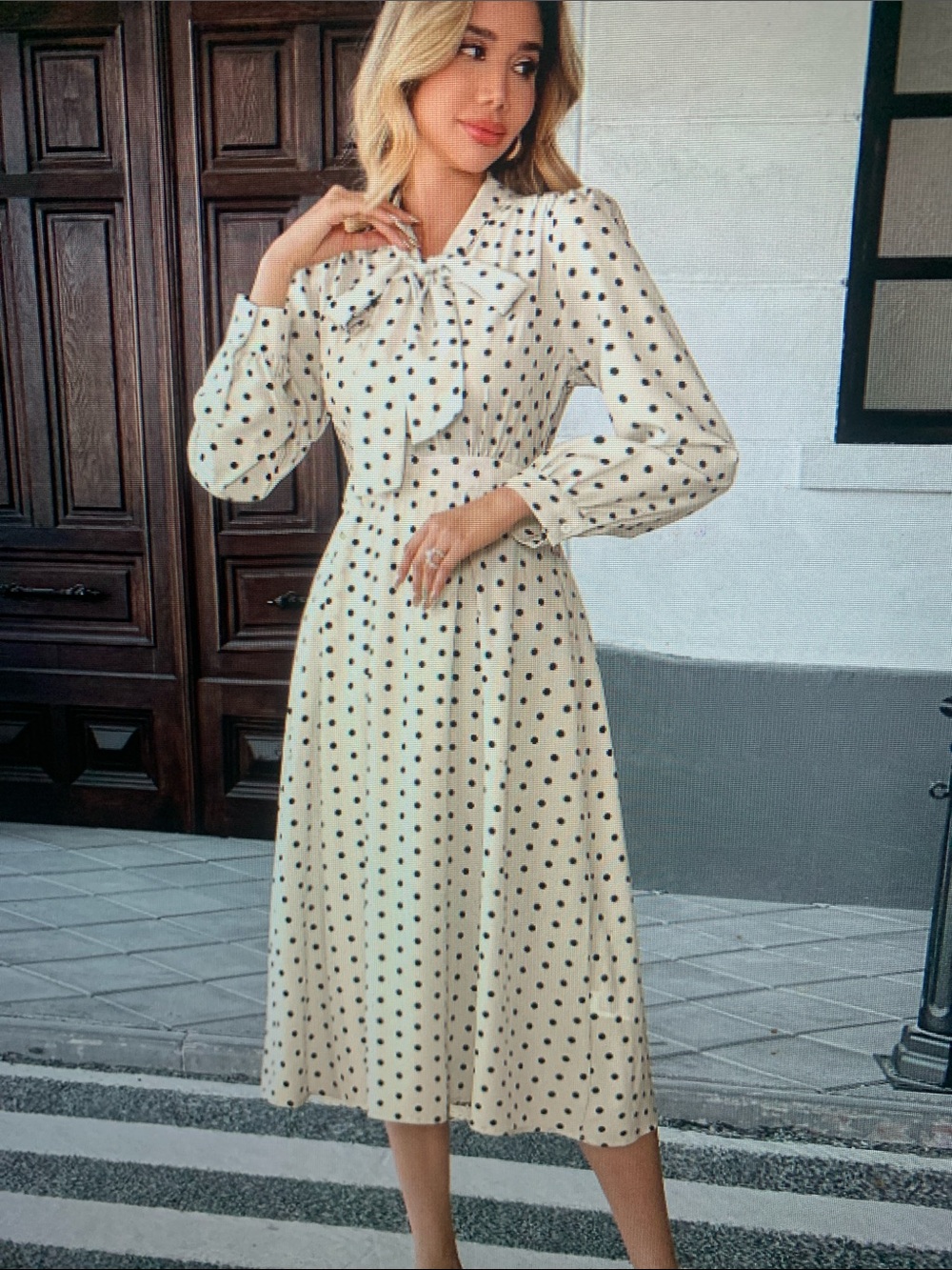 Polka Dot Bow-Tie Midi Dress - Cream with Black Dots